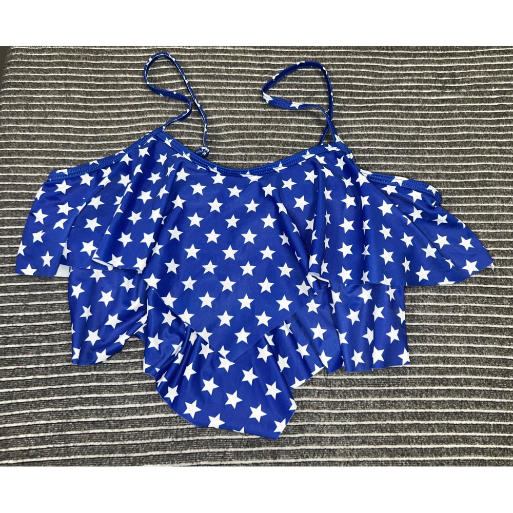 SHEIN Blue White Star Ruffle Flounce Bikini Swim‎ Top Large Adjustable Straps